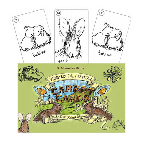 Carrot Cards kortų rinkinys K. Meriwether Baxter žalia dėžutė, viršelis su triušiais ir trys pavyzdinės eskizų kortos