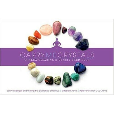 Chakrų kristalų orakulo kortų rinkinys Carry Me Crystals, violetinė juosta su logotipu ir spalvotų akmenų vainikas, skirtas energijos valymui