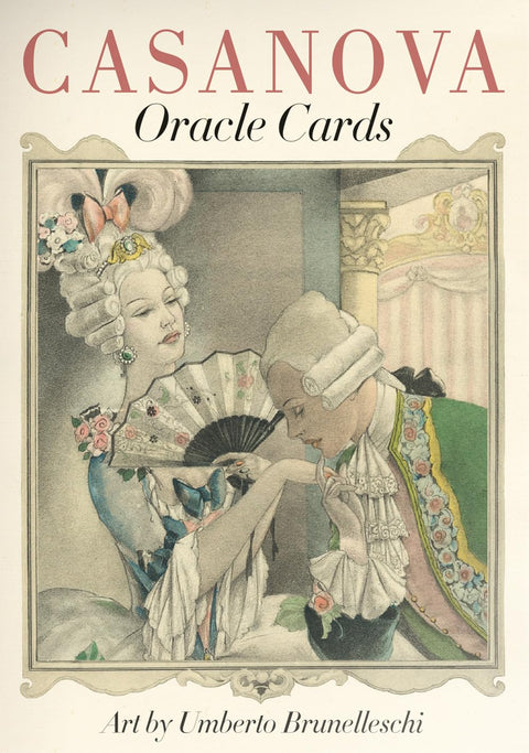 Casanova orakulo kortos su Umberto Brunelleschi pasteline viršeliu — elegantiška XVIII a. poros iliustracija, stilinga pakuotė