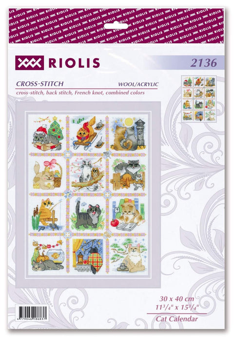 Kryželių rinkinys Riolis 30×40 cm "Cat Calendar" su 12 spalvingų kačiukų kvadratėlių, pakuotės priekinė dalis