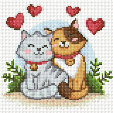 Diamond painting rinkinys su dviem mylinčiais katėmis ir rožinėmis širdimis, kvadratinė 20×20 cm drobė, pilka ir ruda schema