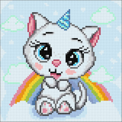 Deimantinė mozaika baltas vienaragis kačiukas su mėlynomis akimis ir vaivorykštės sparnais, kvadratinė 40×40 cm komplektas