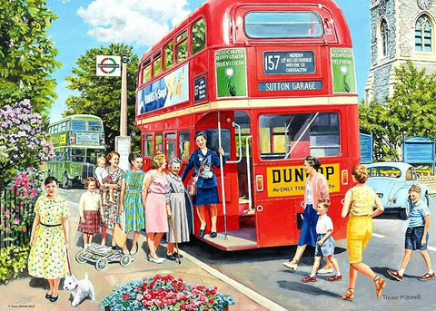 Dviaukštis autobusas raudonas (Sutton Garage, maršr. 157) įlaipina keleivius iš šono, retro iliustracijos variantas