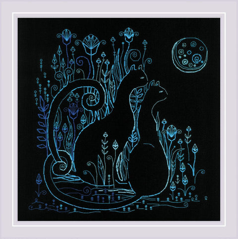 Paveikslas mėlynomis kontūrinėmis linijomis: du katės siluetai ant juodo fono su baltu rėmu, 40×40 cm