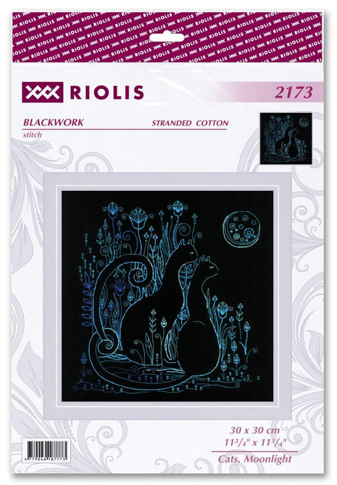 Siuvinėjimo rinkinys Riolis Blackwork – mėlynais siūlais ant juodo audinio du katės mėnulio šviesoje, 30×30 cm