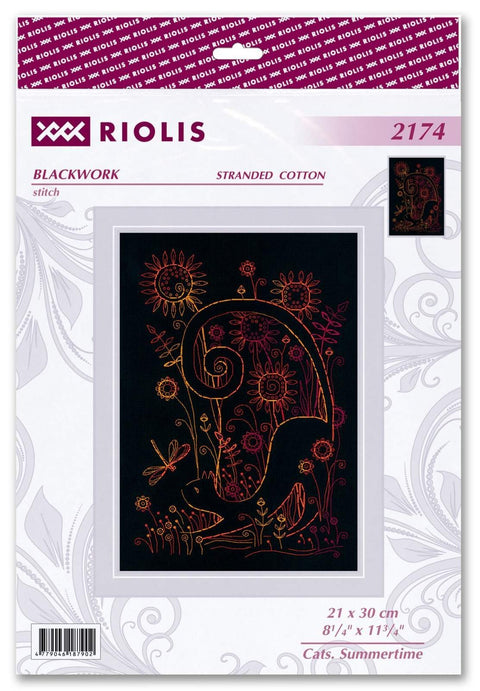 Siuvinėjimo rinkinys Riolis — katė „Summertime“ ant juodo audinio, oranžinių–rožinių kontūrų blackwork dizainas, 21×30 cm