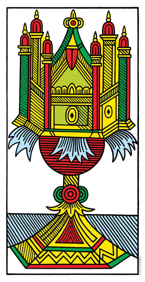 tarot korta Taurės tūzas, Marseilio stiliaus ryškiai geltona–žalia–raudona taurė, pilnas kortos priekis su detalizuotais ornamentais