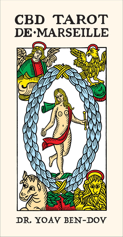 tarot kortos Marseillės stiliaus, „Pasaulis“ korta su plaukuotu vainiku ir keturių simbolių apvadais ant kreminio fono