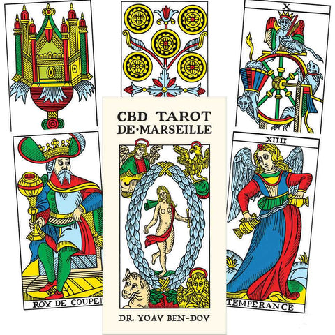 Produktas: CBD Tarot de Marseille dėžutė su Dr. Yoav Ben‑Dov viršeliu ir keli spalvingi Marseilio taro kortų pavyzdžiai