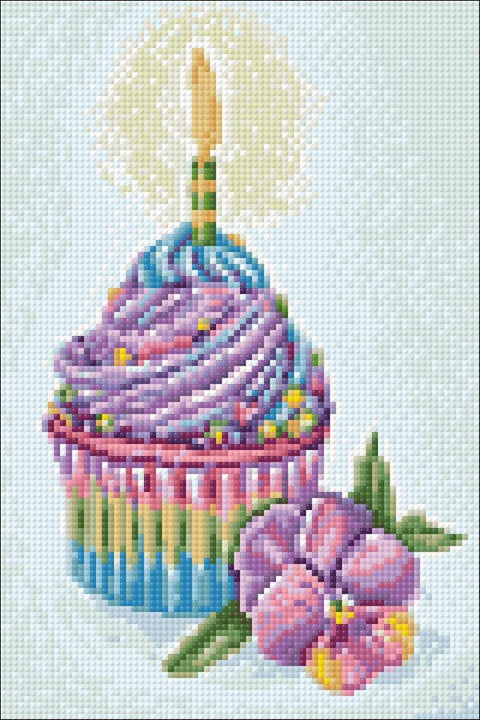 Diamond painting rinkinys — violetinis kekso dizainas su žvake ir orchidėja, 30x40 cm mozaikinis variantas