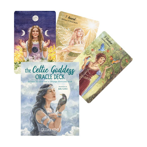 Orakulo kortų rinkinys Celtic Goddess su dėkle, 52 kortomis ir 128 p. iliustruota knyga; matomi viršelis ir kelios pavyzdinės kortos
