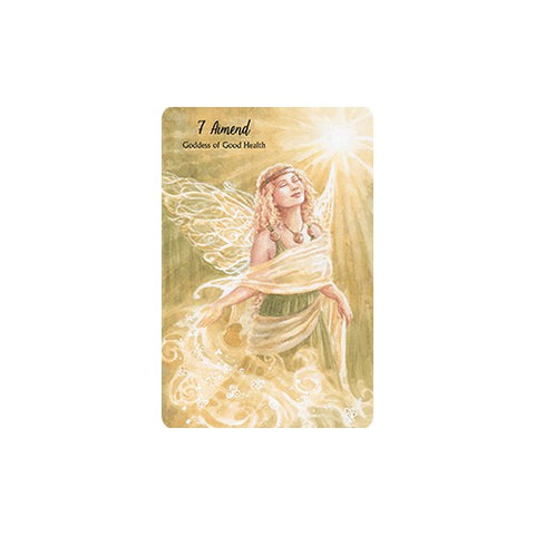 orakulų korta 7 Amend (Goddess of Good Health) su šviesiai gelsva angeliška iliustracija ir spindinčia saulės šviesa