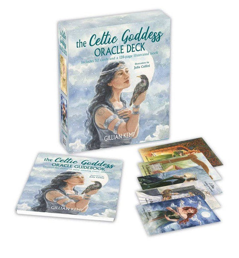 Celtic Goddess orakulo kortos – pilkos dėžutės komplektas su iliustruotu 128 p. gidu ir keliais išklotais kortomis