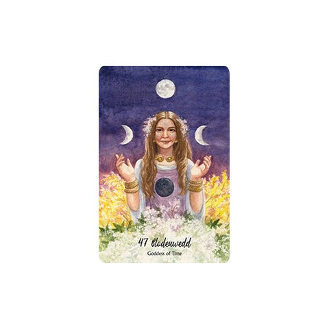 tarot korta 47 Blodeuwedd akvarelinė iliustracija su mėnulio fazėmis, geltonais žiedais ir Laiko deivės simbolika
