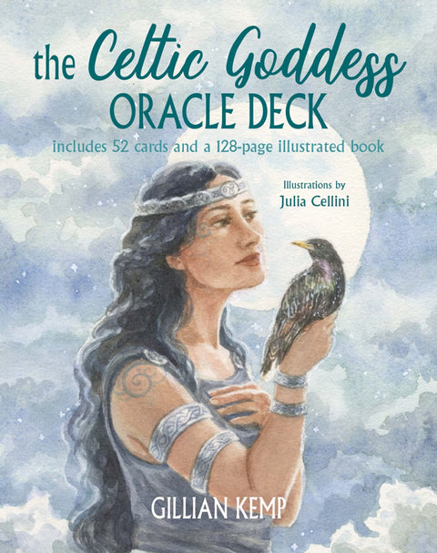 Celtic Goddess orakulo kortos – Gillian Kemp leidimas su Julia Cellini akvareliniu viršeliu, deivė laiko paukštį prie mėnulio
