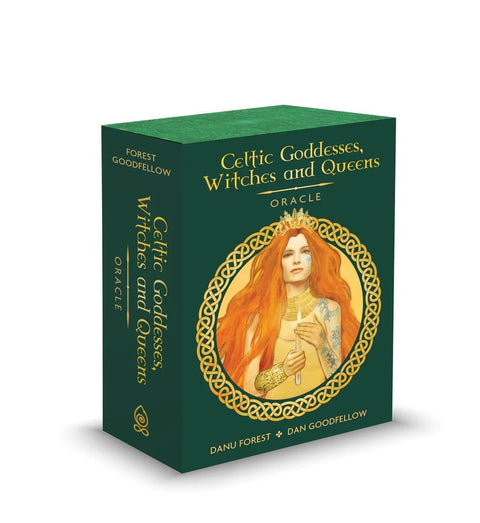 Oracle kortų rinkinys Celtic Goddesses, Witches and Queens tamsiai žaliame dėkle su raudonplaukės deivės portretu