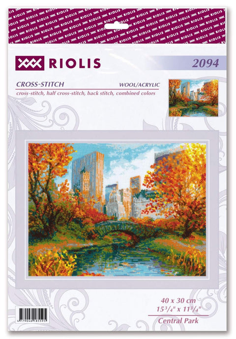 Siuvinėjimo rinkinys Riolis Central Park 40 x 30 cm — rudens miesto peizažas su tiltu, vilna/akrilo siūlai pakuotėje