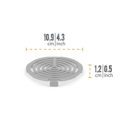 Drenažo grotelė 10,9 cm skersmens ir 1,2 cm aukščio, apvali metalinė grotelė su pjūvių raštu ir matmenų schema