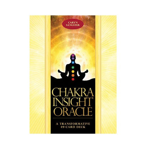 Chakra Insight Oracle kortos, Caryn Sangster 49 kortų rinkinio aukso geltono viršelio priekinis vaizdas su siluetu ir čakrų simboliais