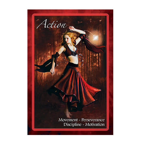 tarot korta Veiksmas: raudonos spalvos korta su besisukančia šokėja, pabrėžia judesį, ištvermę ir motyvaciją