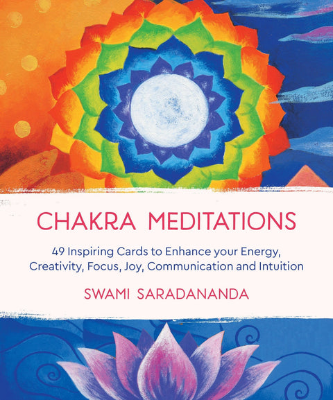 Čakrų meditacijos kortos: 49 spalvingų kortų komplektas su Swami Saradananda viršeliu, mandala ir lotoso piešinys