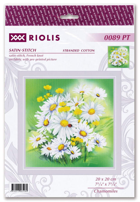 Siuvinėjimo rinkinys Riolis 20 × 20 cm — baltų ir geltonų ramunių puokštė ant žalsvo fono, pakuotės priekis