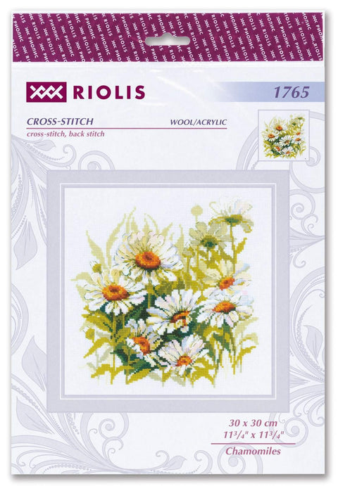 Kryželių rinkinys Riolis, ramunėlių puokštė 30×30 cm, vilna/akrilo siūlai, pakuotės priekyje