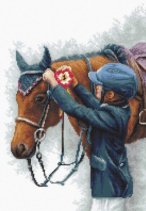 Siuvinėjimo rinkinys su arkliu ir jojiku, detali mėlynos ir rudos spalvų scena su artišku kryželių raštu katalogui