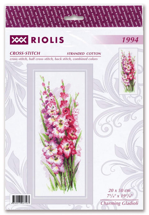 Siuvinėjimo rinkinys Riolis: 20×50 cm gladiolių dizainas rožiniais ir violetiniais atspalviais ant baltos drobės