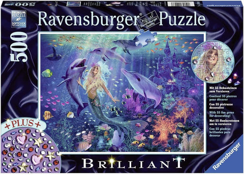 Dėlionė Ravensburger 500 dalių su violetiškai mėlynu povandeniniu peizažu, undine ir delfinais; komplekte 55 dekoratyvūs akmenėliai