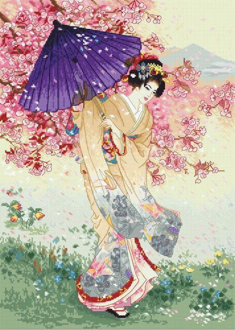 Kryželių rinkinys su Japonų geiša ir violetiniu skėčiu, žydinčiomis vyšniomis ir sodriomis spalvomis, pilnas komplektas