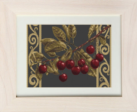 Siuvinėjimo rinkinys su vyšnių šakele tamsiai pilkame fone ir auksiniais ornamentais, komplekte rėmas 30×40 cm