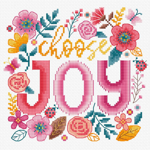 Siuvinėjimo rinkinys – rožinių ir geltonų kryželių gėlių vainikas su didelėmis „Hope Joy“ raidėmis, parodytas baigtas modelis