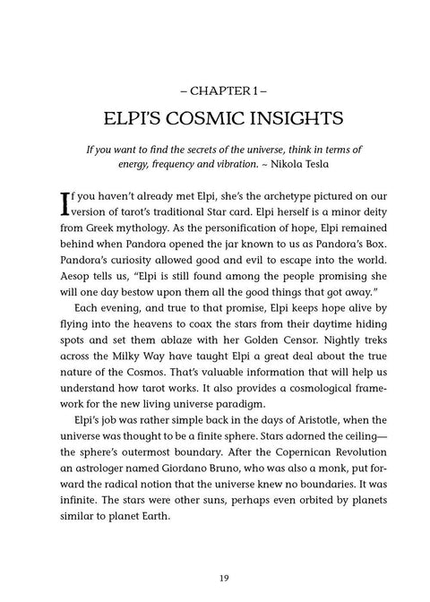Knyga – atviras vidinis puslapis su 1 skyriumi „Elpi's Cosmic Insights“, juodas tekstas ant balto, puslapis 19, tipografijos pavyzdys
