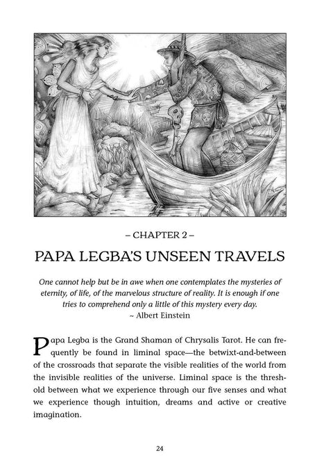 knygos iliustracija – juodai balta pieštinė scena: šamanas Legba lipa į laivelį, moteris ištiesusi ranką, skirta 2 skyriui