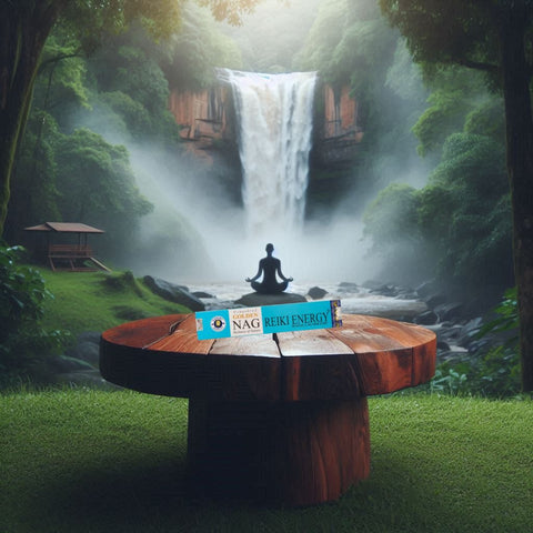 Reiki Energy smilkalai turkio pakuotėje ant medinio stalo, skirti ramiam atsipalaidavimui prie krioklio, meditacijos nuotaika