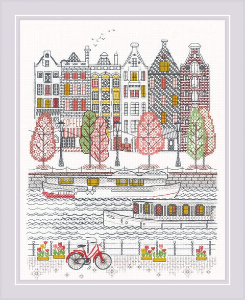 kryželių rinkinys Amsterdamo kanalo motyvas su laivais, geltonais langais, rausvais medžiais ir akcentiniu raudonu dviračiu