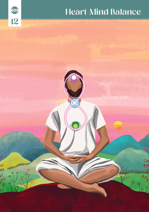 meditacijos korta Heart‑Mind Balance nr.12 su sėdinčiu medituojančiu vyru baltu drabužiu, akcentuotomis centrinėmis čakromis ir rožiniu dangumi
