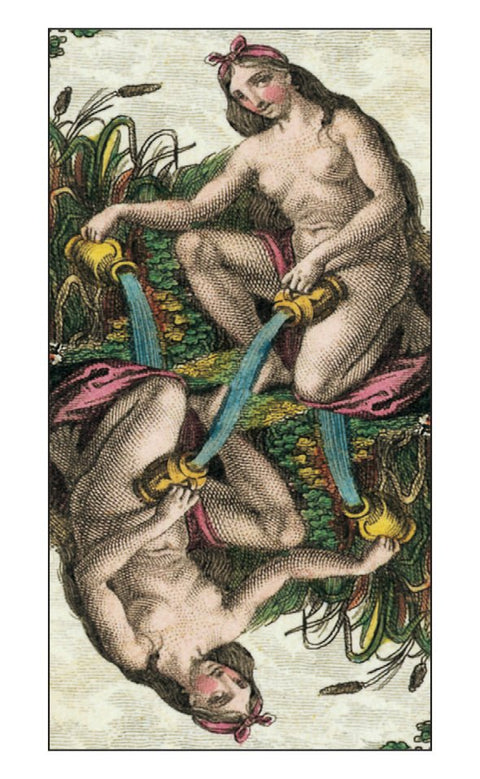 Tarot korta Temperance: vertikalus spalvotas graviravimas, dvi figūros pila vandenį iš ąsočių, ryškūs žali ir rožiniai tonai