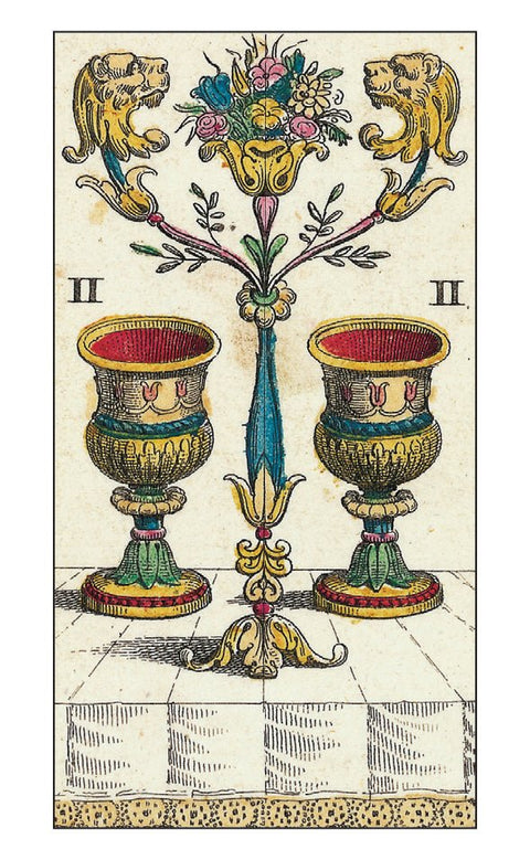 Tarot korta Dviejų taurių – spalvota vintažinė graviūra, nuskaityta priekinė kortos pusė su ryškiomis aukso ir raudonos spalvomis