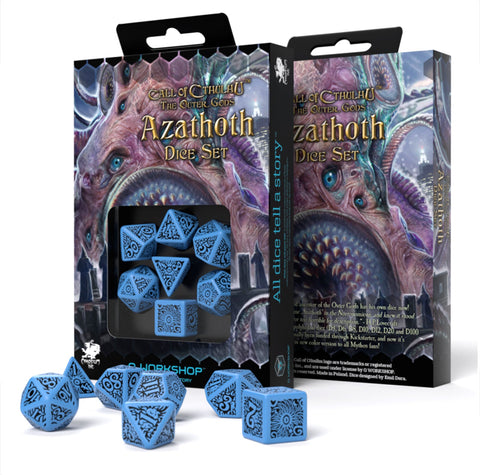 Kauliukai Azathoth mėlyni poliedriniai rinkinys su juodais ornamentais, atidaryta pakuotė ir keli kauliukai priešais pakuotę
