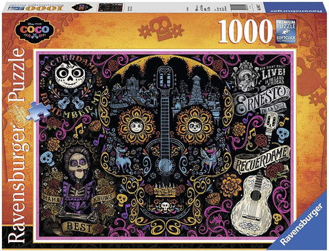 Dėlionė Ravensburger 1000 det., Disney Pixar Coco motyvas su spalvota kaukole ir gitara, dėžės priekinis paviršius