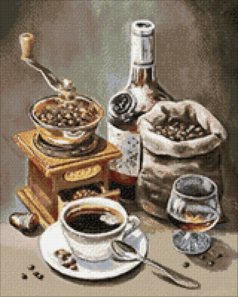 Kavos paveikslas ant drobės 40×50 cm — diamond mozaikos rinkinys su puodeliu espresso, malūnėliu ir pupelėmis