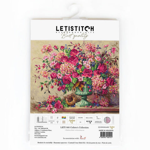 Kryželių rinkinys Letistitch su ryškiai rožinėmis ir įvairiaspalvėmis gėlėmis ant smėlio spalvos fono, pakuotės priekinė dalis