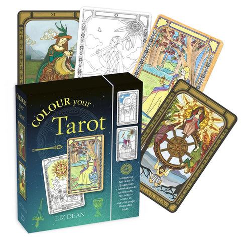 Tarot kortos Liz Dean rinkinys su dėklu ir 78 kortomis, parodytos spalvotos ir kontūrinės versijos, fanuotos kampu