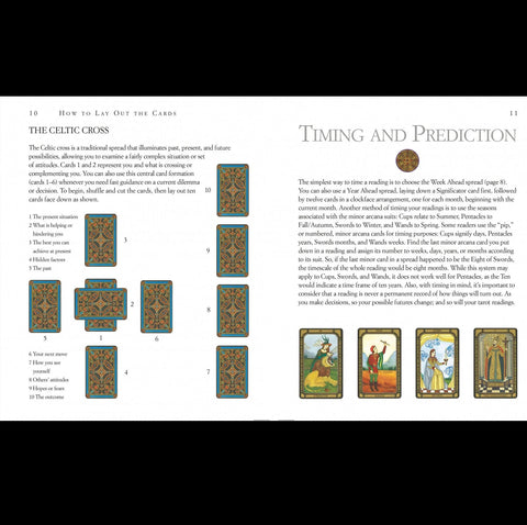 Tarot kortos Celtic Cross išdėstyme su nugarėlėmis, paaiškinančiu tekstu ir penkiomis atvertomis kortomis apačioje