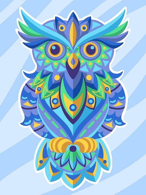 Pelėdos lipdukas ryškiai mėlynais, žaliais ir geltonais ornamentais, matinė vinilinė 10×15 cm versija