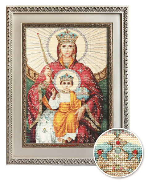 Deimantinė mozaika Mergelės Marijos ir kūdikio ikona rėmuota, raudonai‑auksinė spalvinė schema su apvaliu artinimu detalėms
