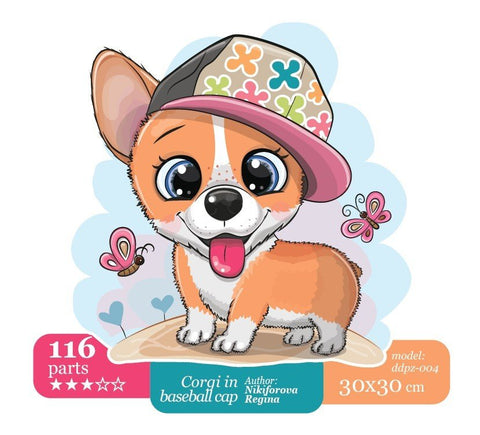 Dėlionė Corgi su beisbolo kepure, 116 dalių, 30×30 cm — ryški iliustracija su drugeliais ir šypsančiu šuniuku