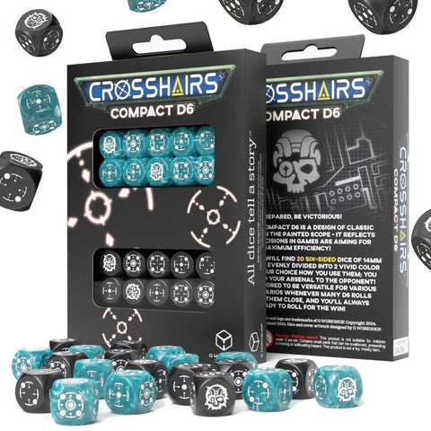 D6 kauliukai Crosshairs, 20 vnt., 14 mm, turkio ir juodos spalvos su dėžute ir langeliu, matomos abi pusių dizaino versijos